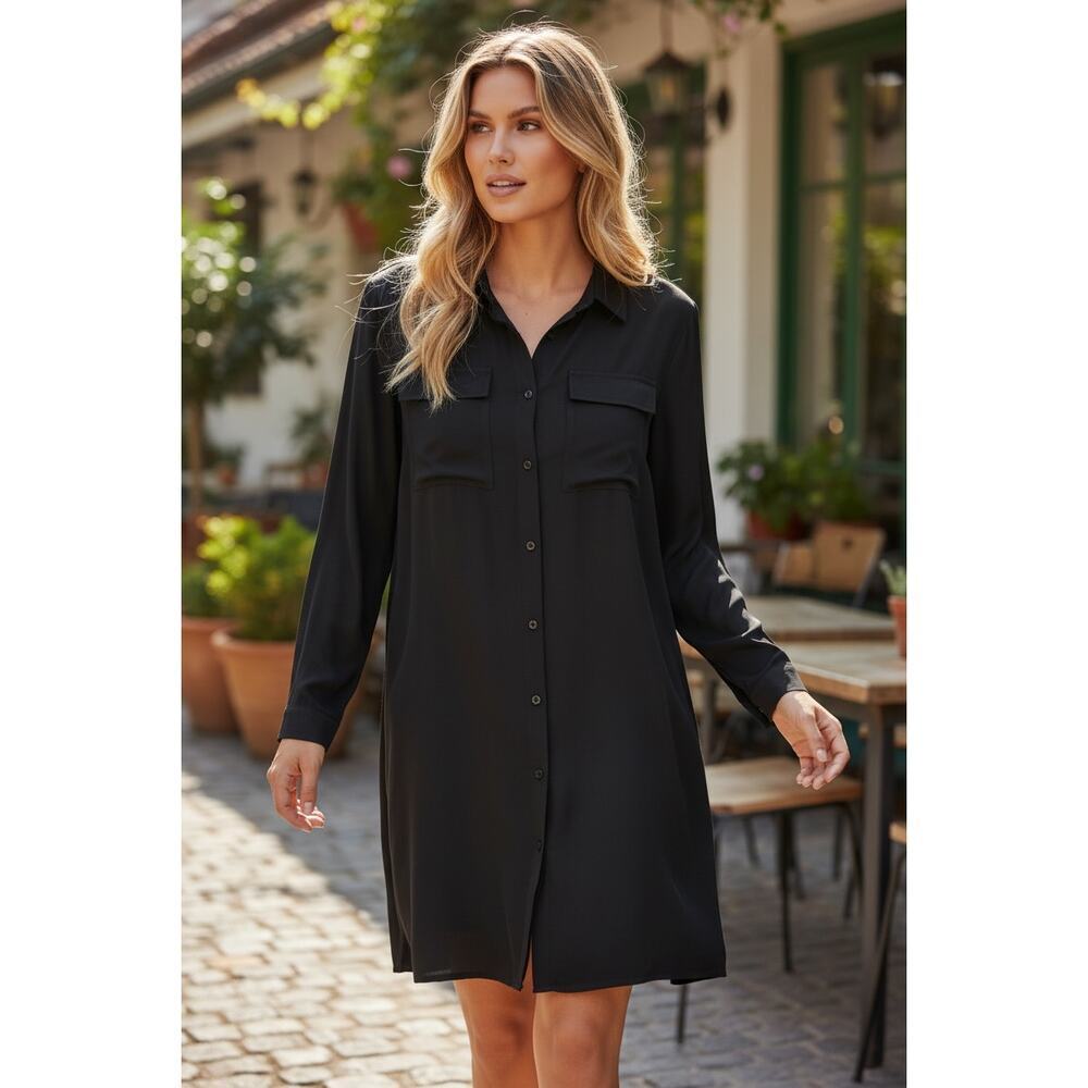 White House Black Market Black Shirt Dress Button Down Long Sleeve Size S